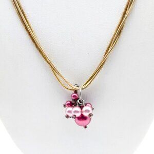 Shades of Pink Charms Necklace, Vintage Gold Tone Snake Chain with Faux Pearl Pe